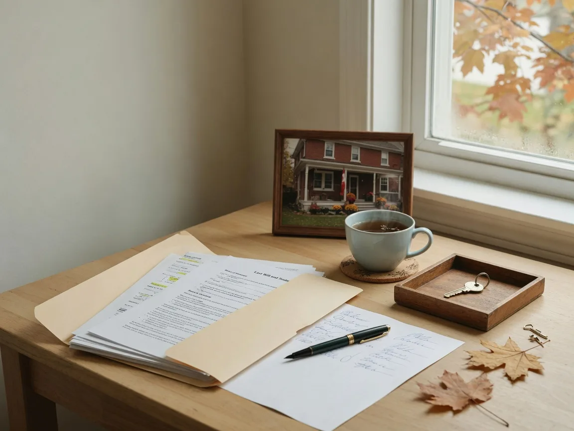 A tidy home-office desk scene with an open folder of estate planning documents, a fountain pen, a brass house key on a wooden tray, and a framed photograph of a red brick family home, in soft late-October window light