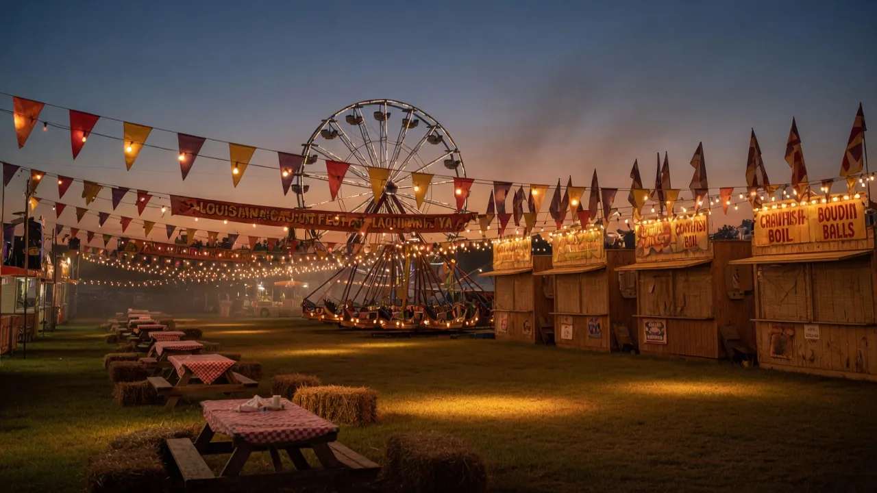 Carnival rides and food booths strung with warm lights at a Texas festival midway at dusk