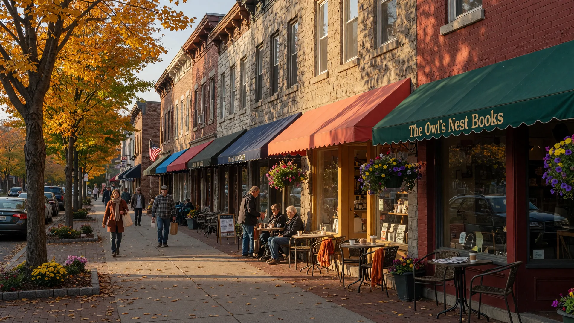 Walkable downtown main street in Emmaus, Pennsylvania, with independent shops and autumn trees