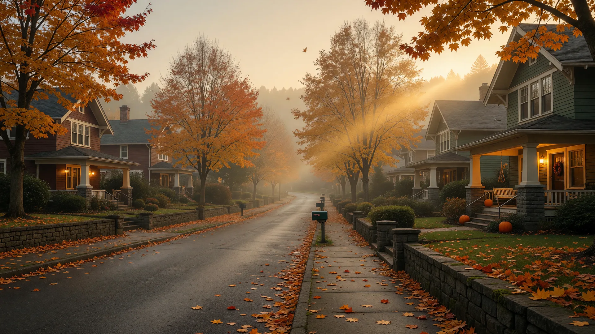 Craftsman homes on a tree-lined suburban street at autumn dawn, porch lights glowing through morning fog