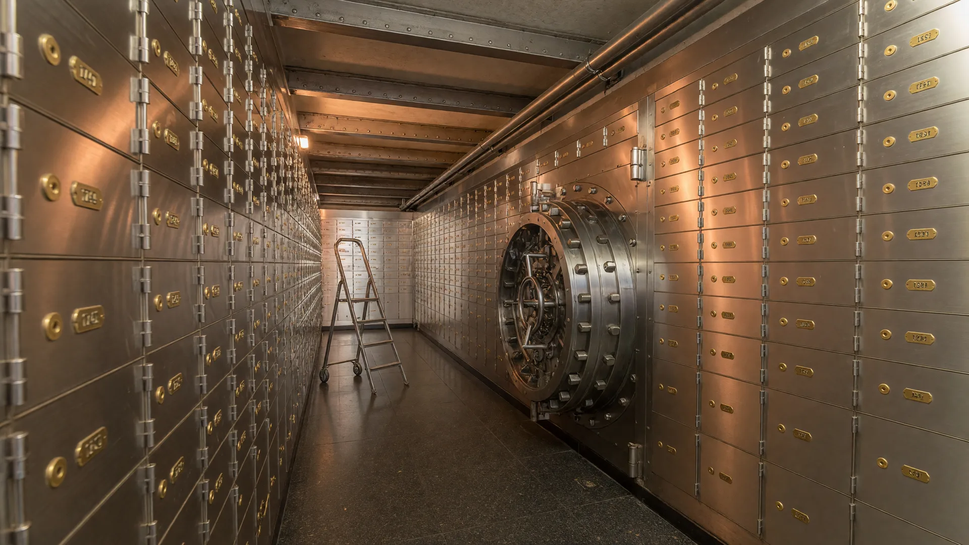 Bank vault interior with safe deposit boxes illuminated by warm golden light