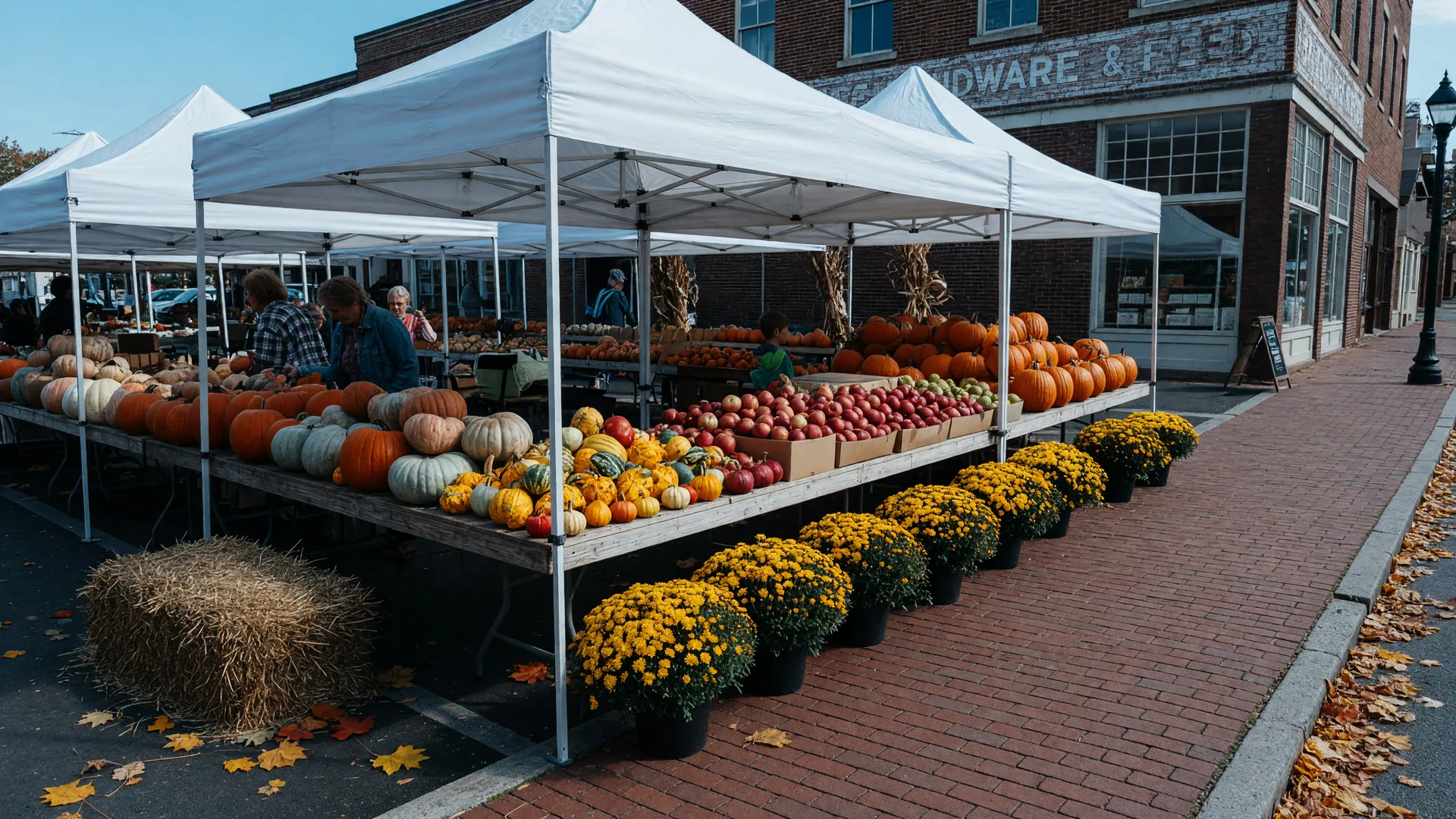 Fall farmers market with pumpkins, apples, and mums in a small Pennsylvania borough