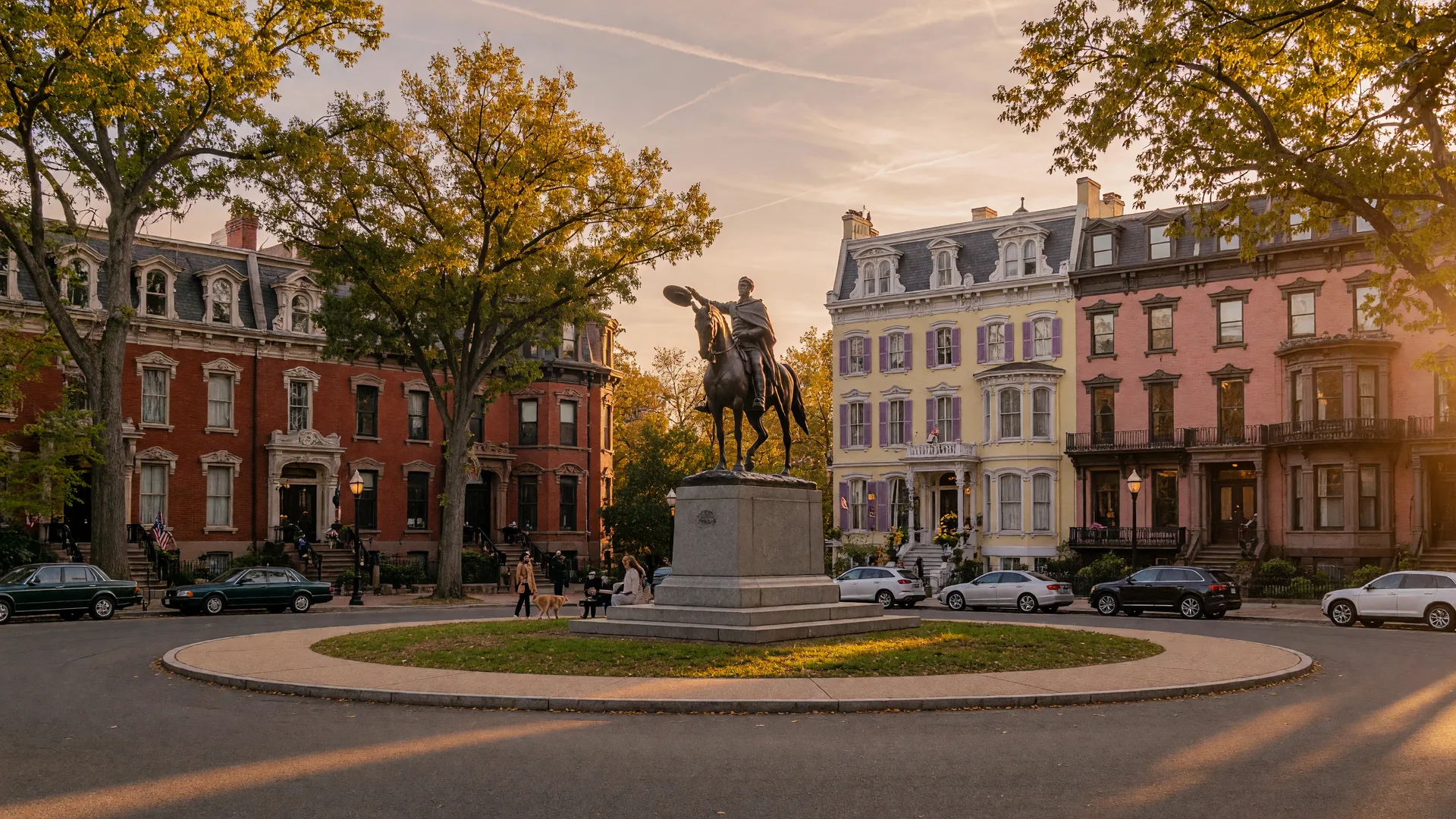 Logan Circle with Victorian rowhouses and equestrian statue, Washington, DC