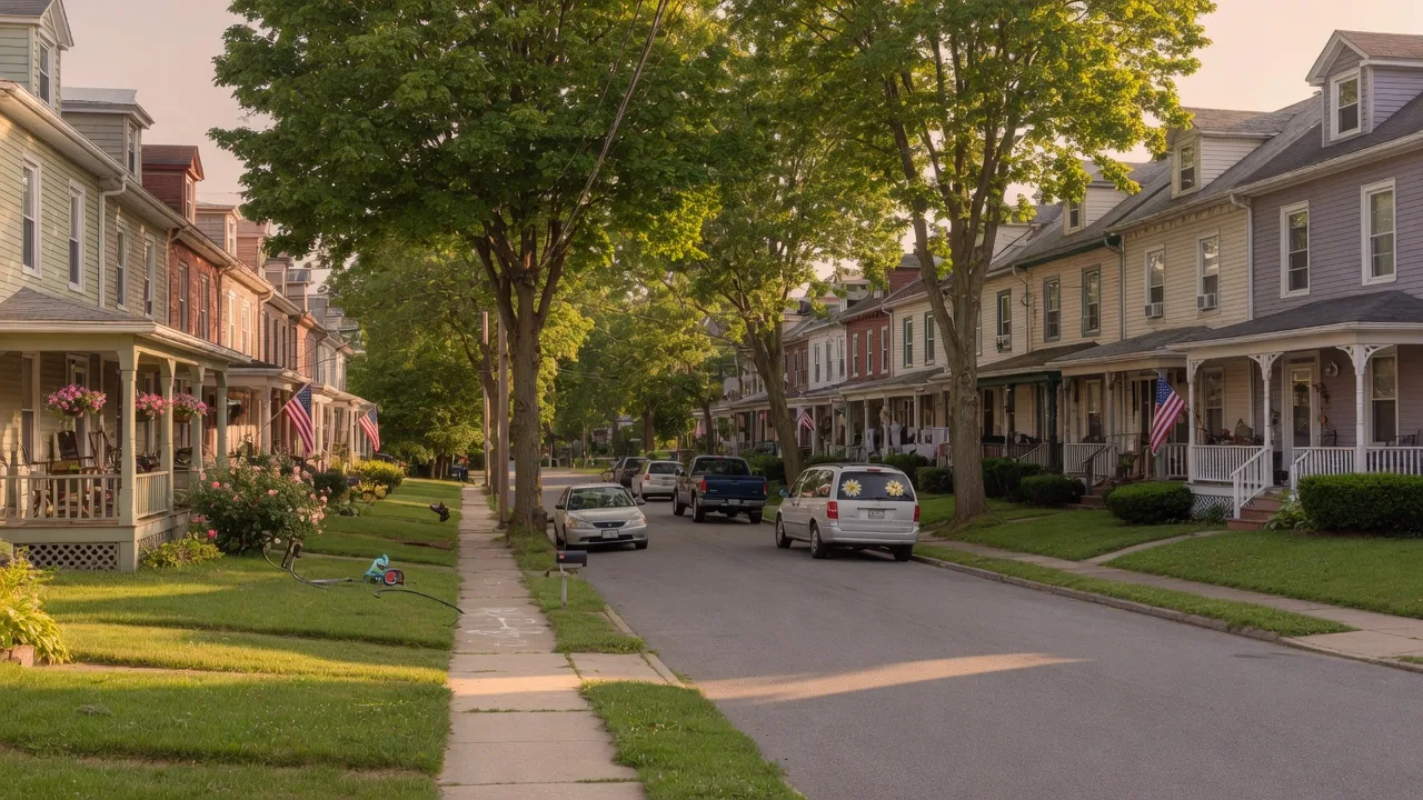 Quiet residential street in Sharon Hill, Pennsylvania featuring Victorian twin homes with mature trees on a sunny summer afternoon