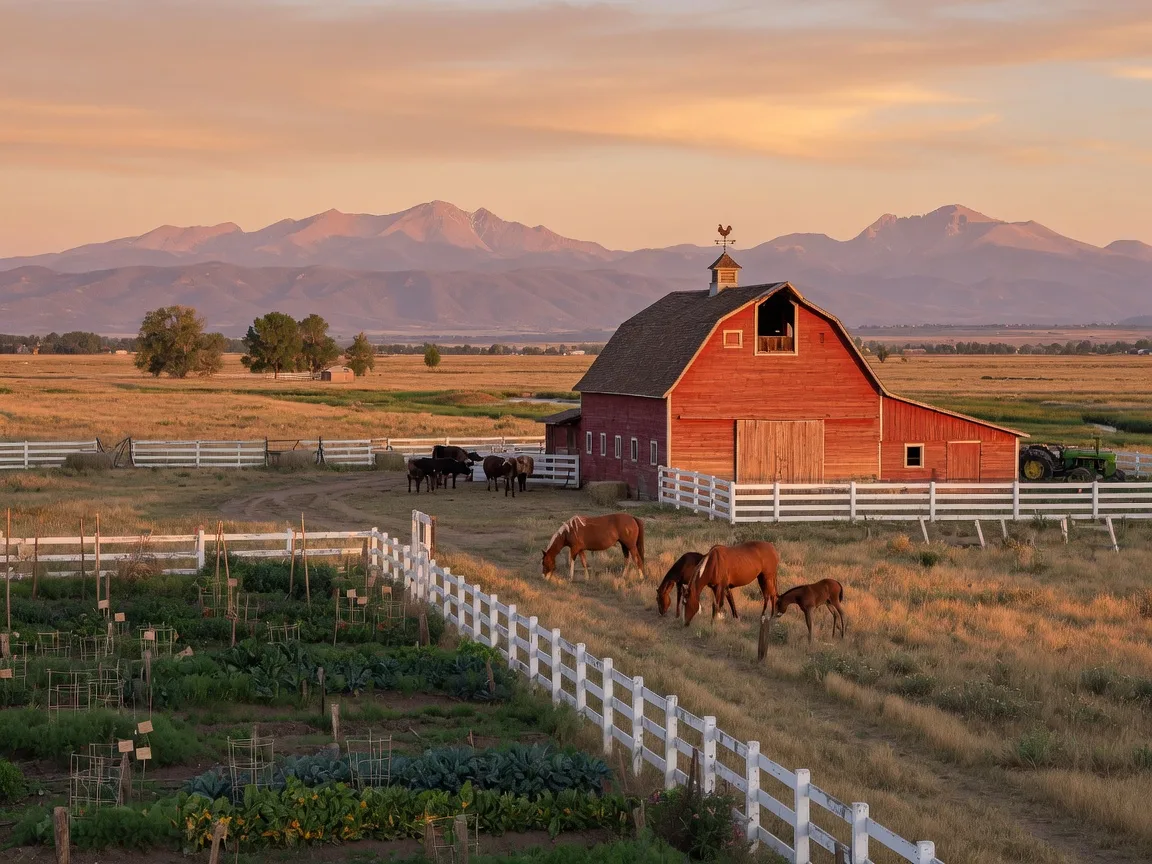 Rural farm property on acreage outside Brighton Colorado with classic red barn and open pasture