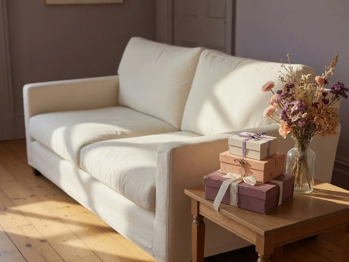 A calm sunlit sitting room with a cream linen sofa, keepsake boxes, and dried flowers