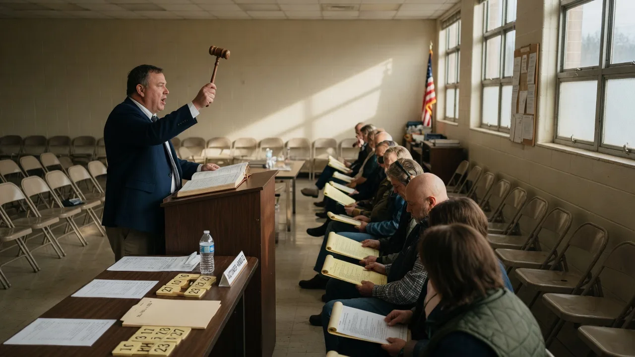 An auctioneer raising a gavel at a Maryland county tax lien auction with bidders seated nearby