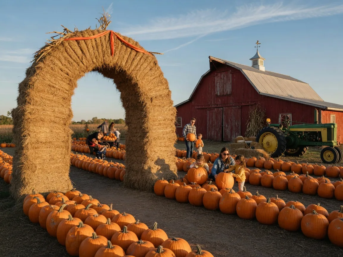 A fall farm festival in Central Florida with a hay-bale corn maze arch over a pumpkin patch and a red barn in golden afternoon light