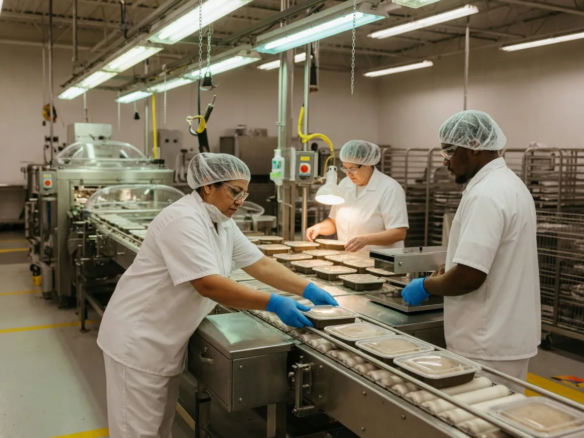 Manufacturing workers in a modern food packaging facility in a small Texas town