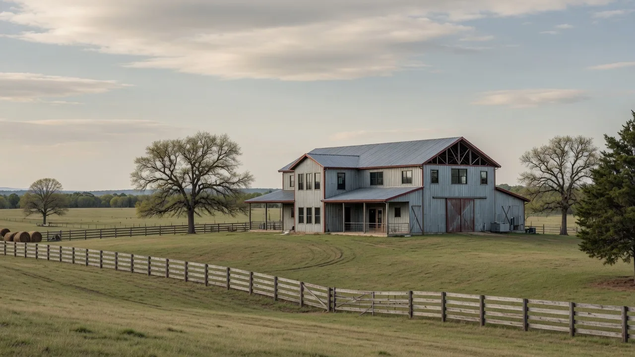 Wide view of a metal barndominium in a pasture with fencing and trees
