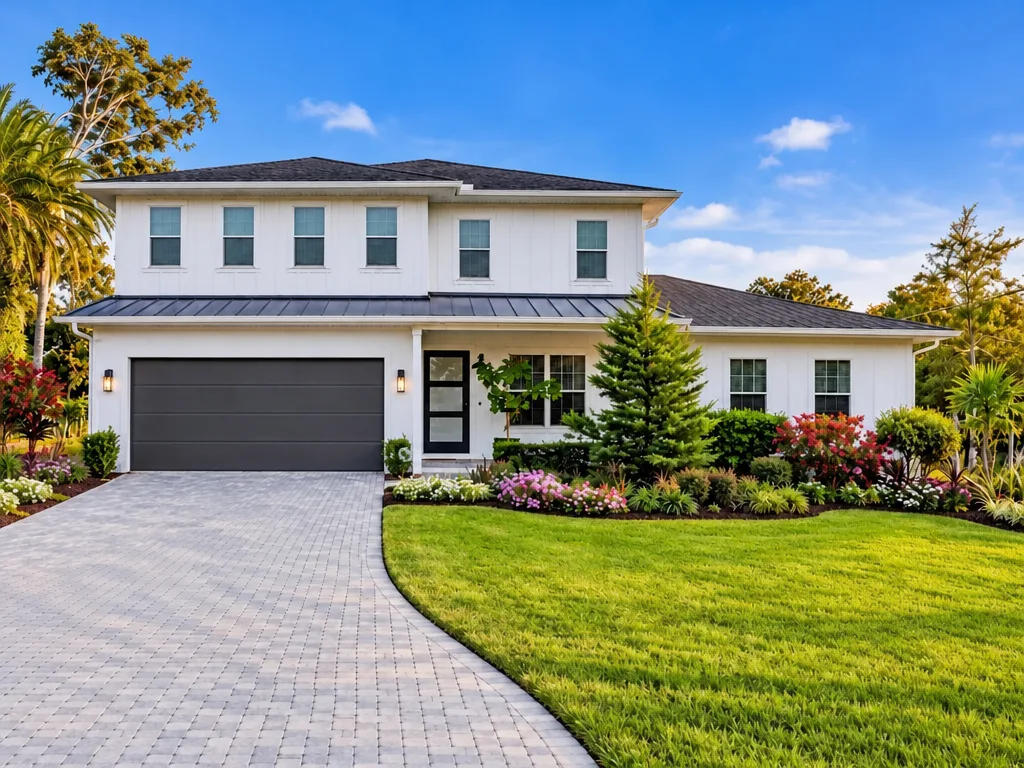 Modern farmhouse with white siding and dark grey roof in Tampa, FL