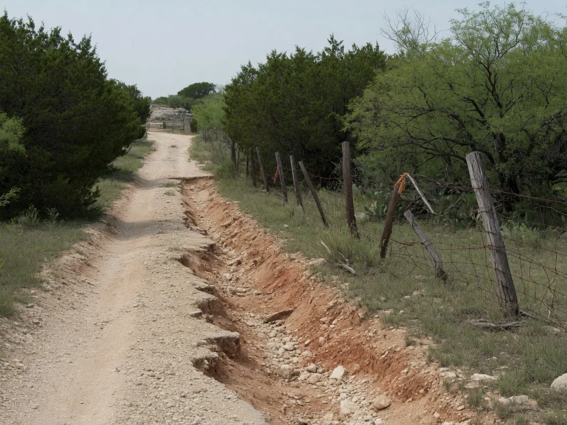 Eroded gravel road with ruts and overgrown brush along fence line on a Texas Hill Country property