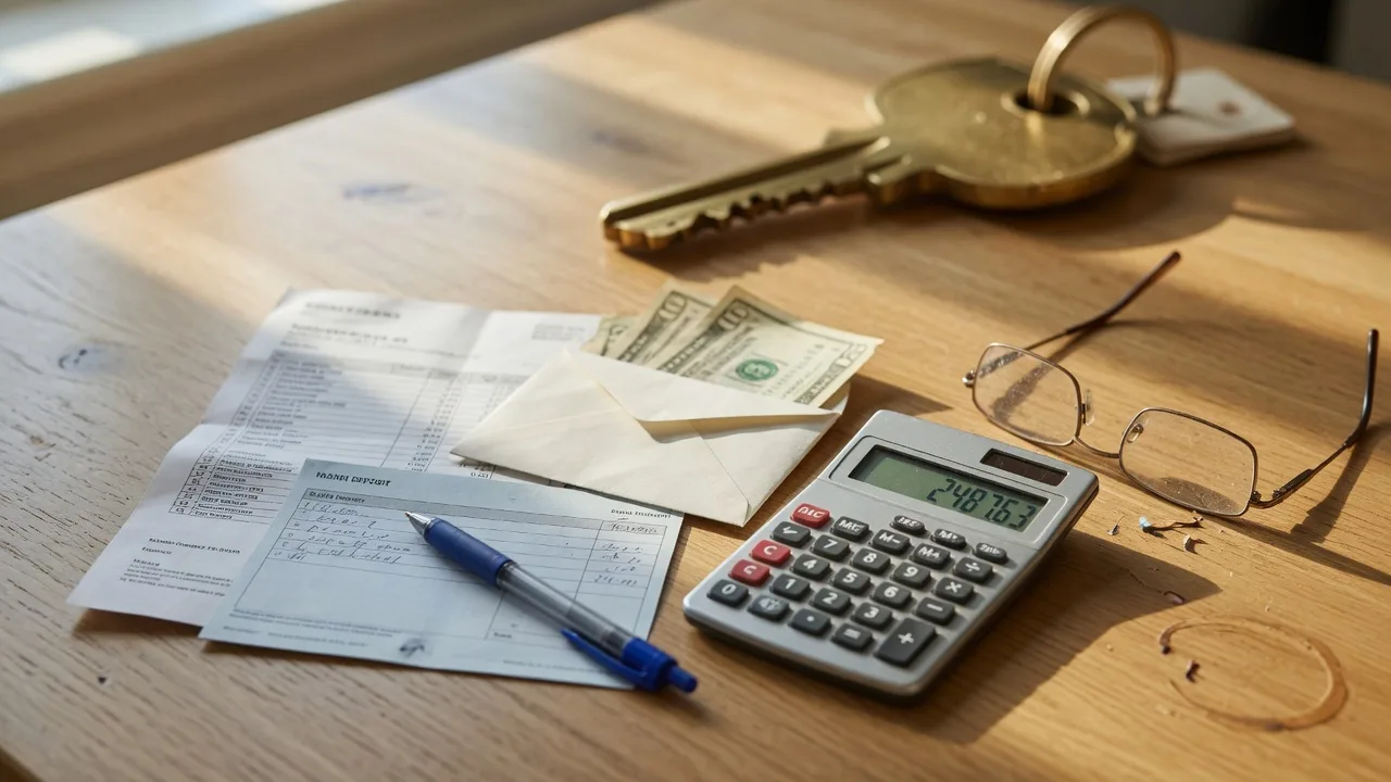 A first-time homebuyer's planning desk with a bank deposit slip, a bank statement, an envelope with folded cash, a calculator, and a brass house key in light oak