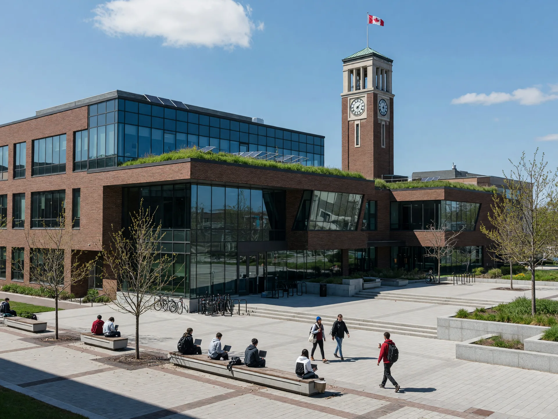 Modern Oshawa university campus building on a bright day