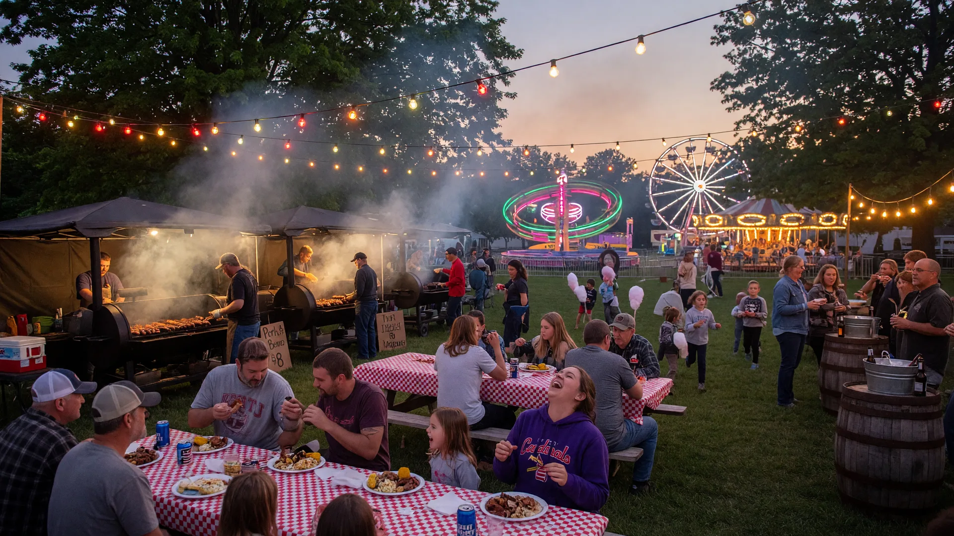 BBQ grill tents, a beer garden, and glowing carnival rides at an evening park festival