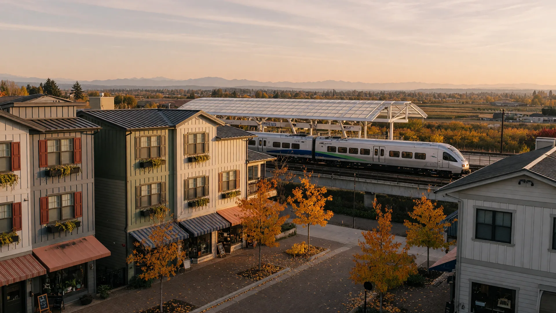A golden late-afternoon in Orenco Station, Hillsboro: three-story townhomes along a tree-lined walk, a MAX light-rail train at its station platform, and the Coast Range on the horizon
