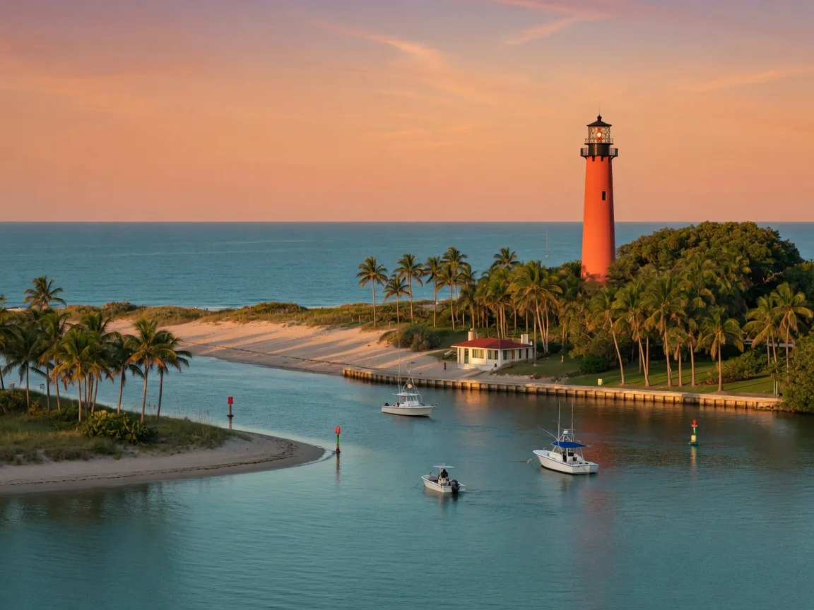 The Jupiter Inlet lighthouse at golden hour, with calm water where the Loxahatchee River meets the ocean