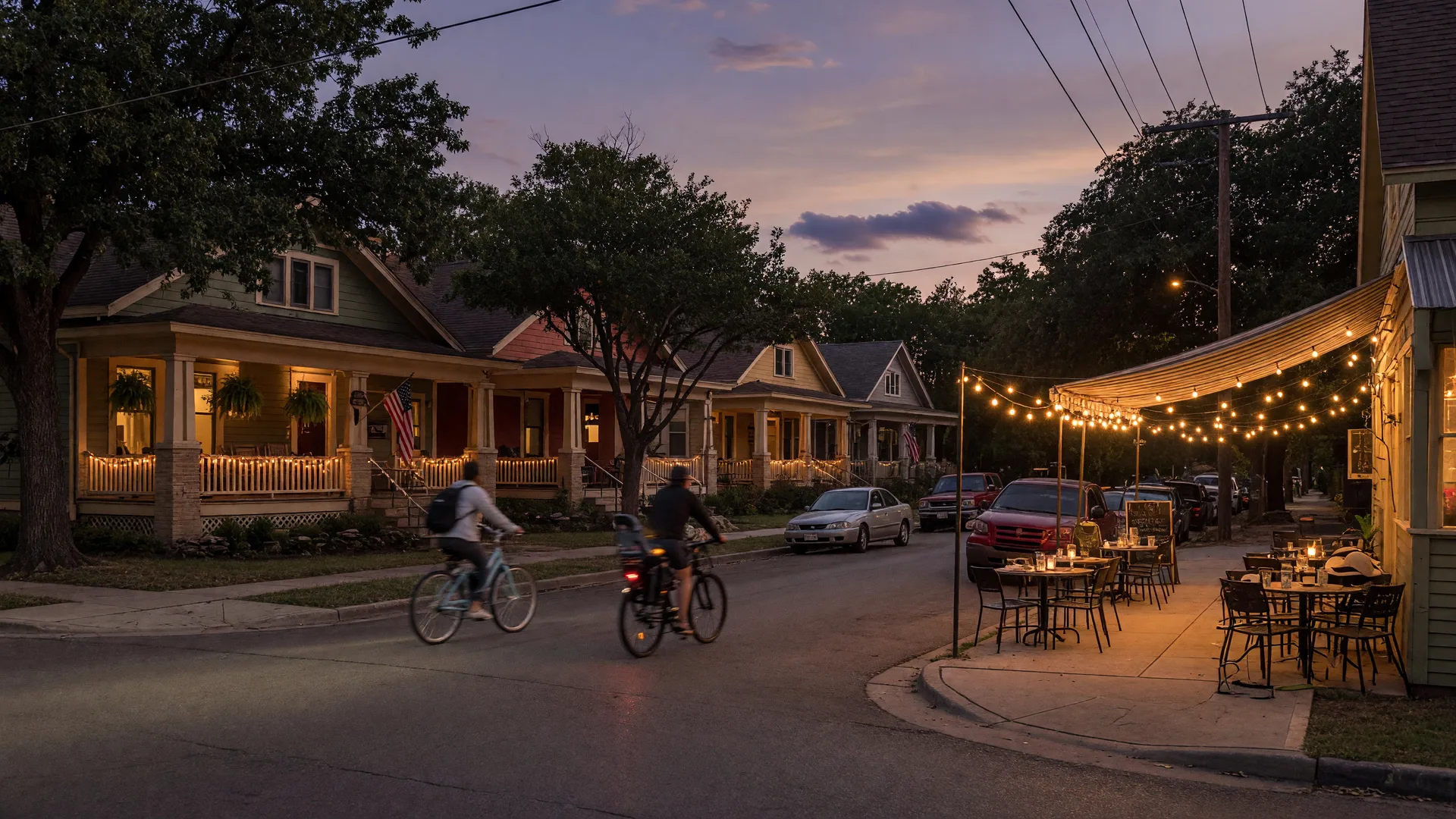 Historic craftsman bungalows and a cafe patio at dusk in Tobin Hill, a walkable San Antonio real estate neighborhood