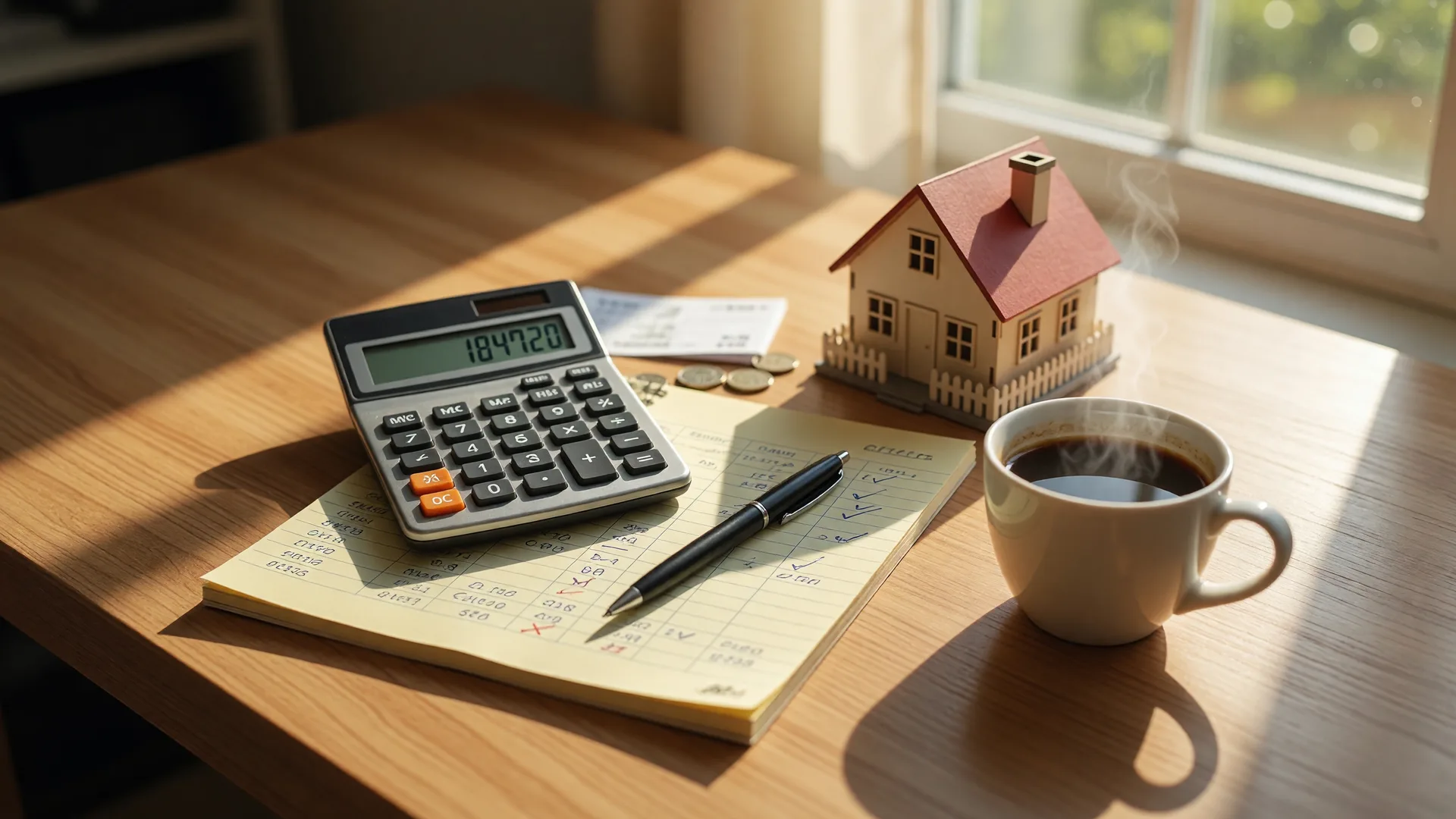 Financial planning calculator and notepad on a desk with a model house, representing home affordability and budgeting