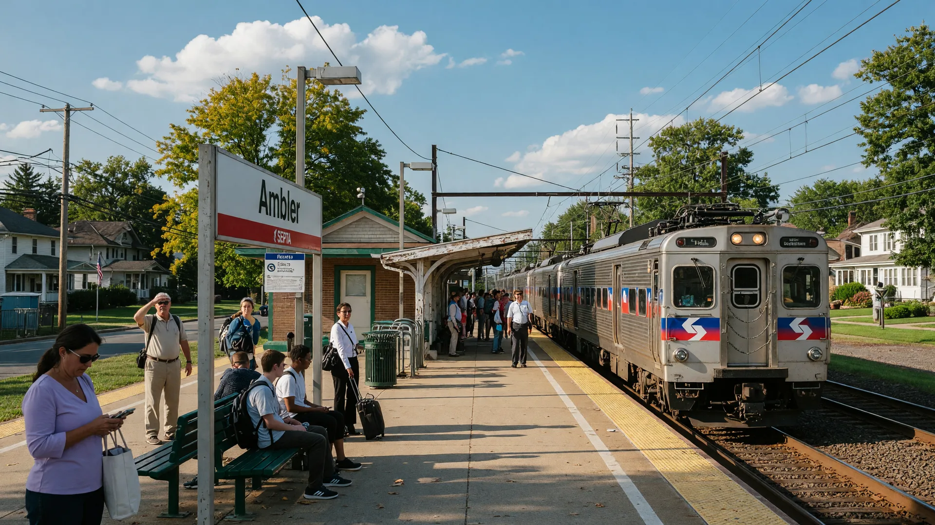 Wayne SEPTA regional rail station with train on Paoli-Thorndale Line