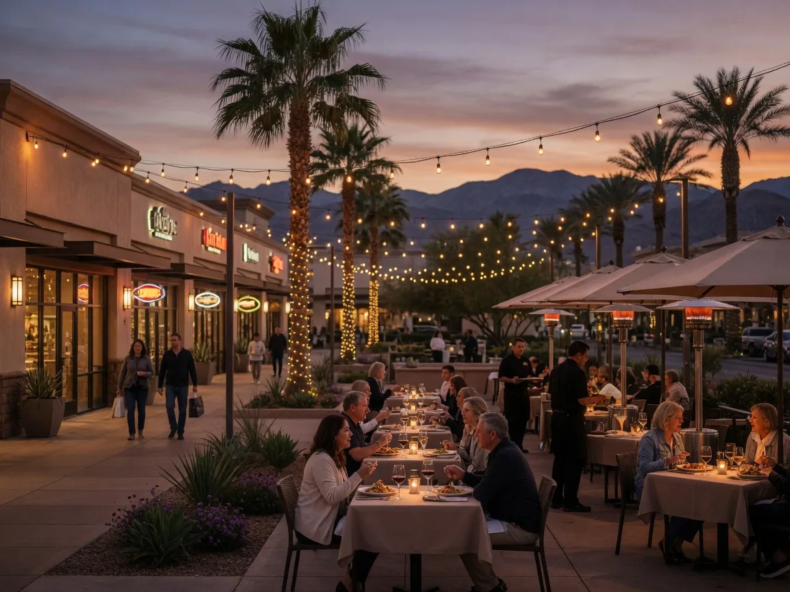 Outdoor shopping and dining district in northwest Las Vegas at dusk with warm lights, palms and restaurant patios