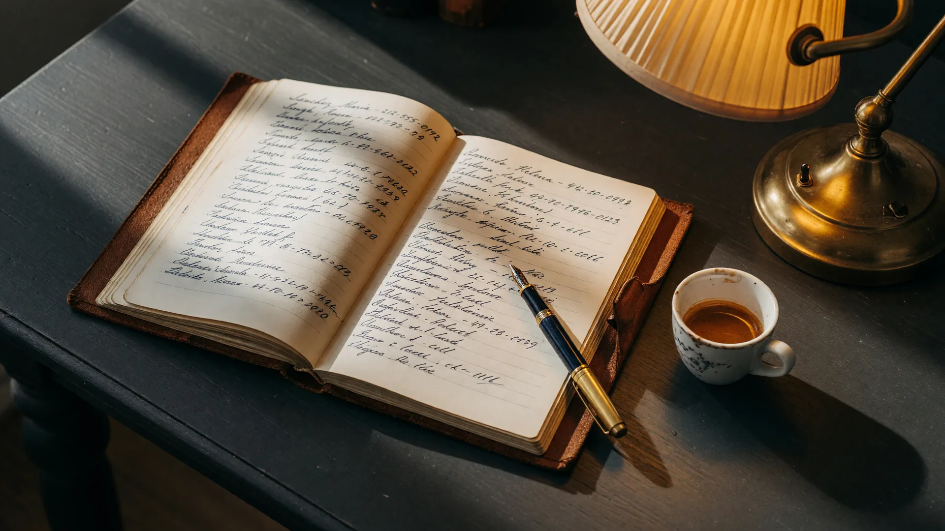 An open leather address book of handwritten names with a brass pen on a charcoal desk, the tools behind remembering names well