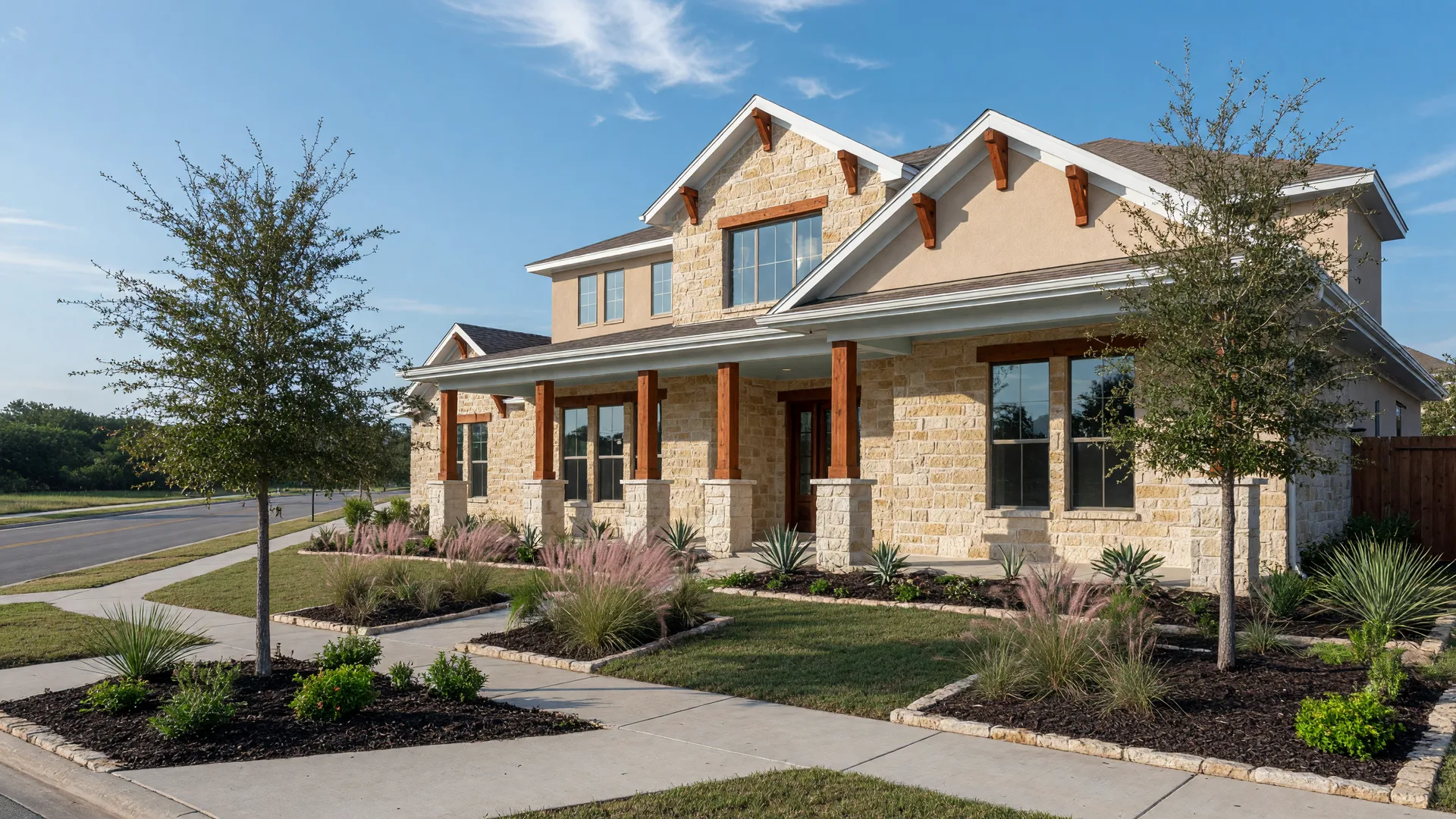 A newer stone and stucco Hill Country home with a wide front porch in a Bulverde-style subdivision