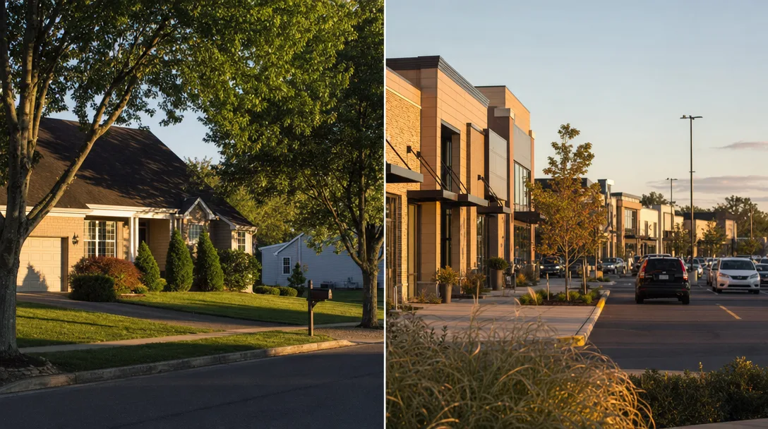 Side-by-side comparison of a quiet Mount Laurel suburban street and the Cherry Hill commercial corridor with shopping and dining