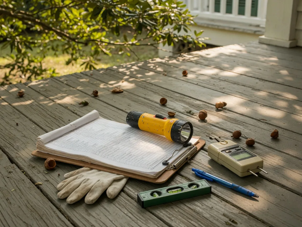 A clipboard with an inspection checklist, flashlight, moisture meter, level, pen, and cotton gloves laid out on the wooden porch planks of a Charleston lowcountry home