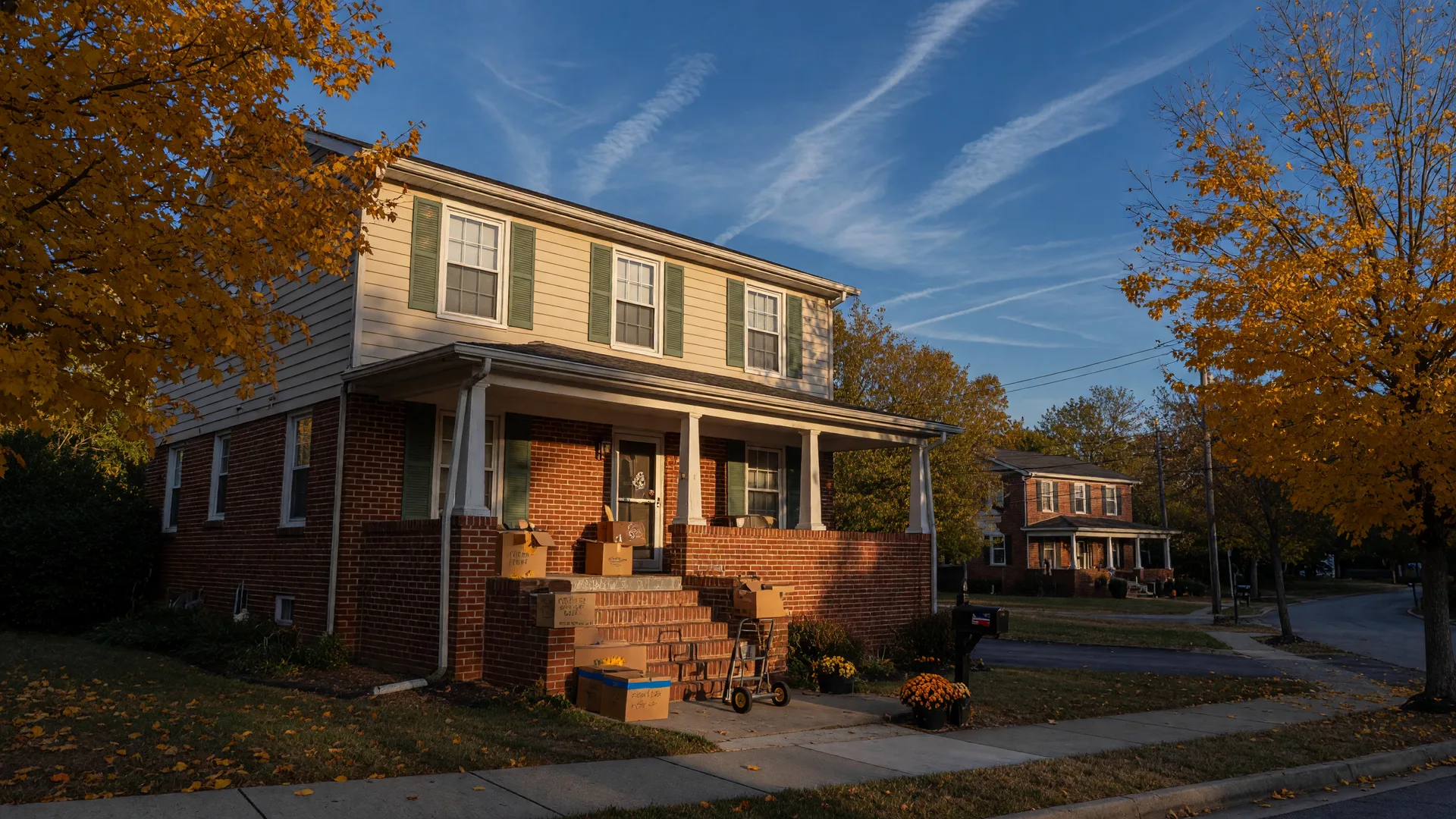 Two-story Triangle-area suburban home at golden hour in early autumn with moving boxes on the porch, the sell-first versus buy-first decision Triangle sellers face in a 7.32% rate market