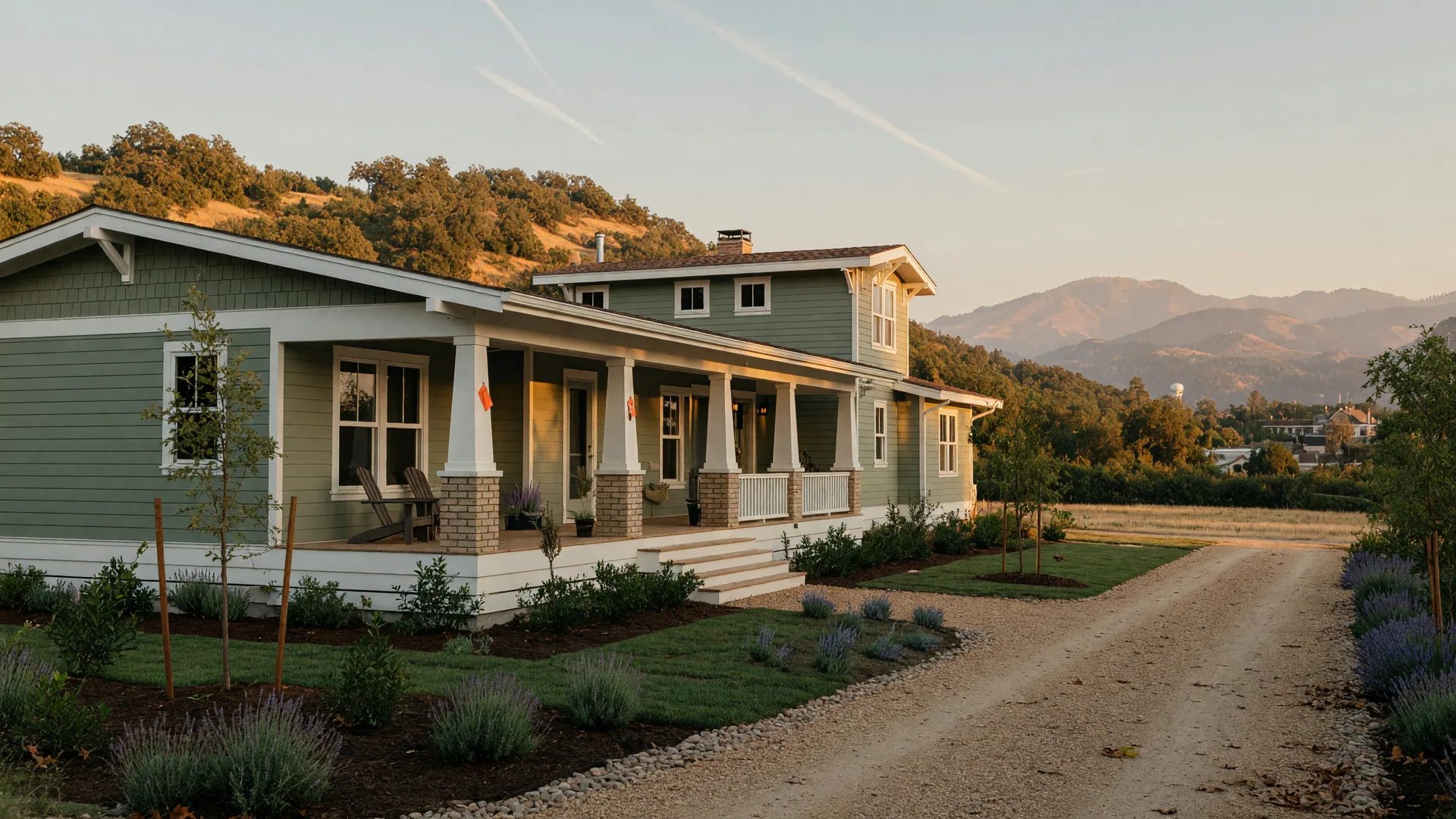 A newly built craftsman home with sage green siding and white trim on the foothills outside historic Jacksonville, Oregon