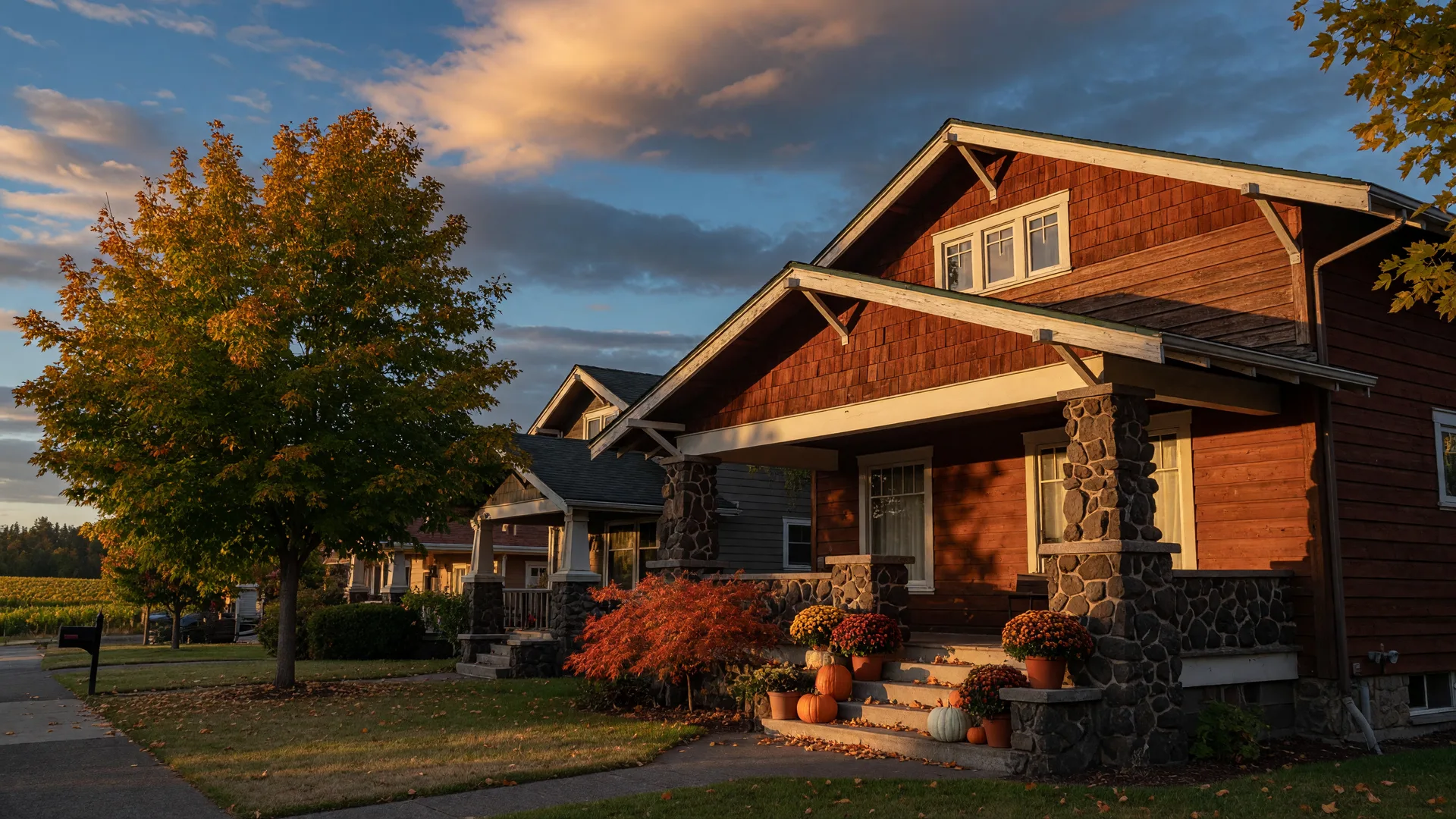 A craftsman home in the Tri-Cities with cedar siding and stone accent porch columns in golden September light, autumn leaves turning