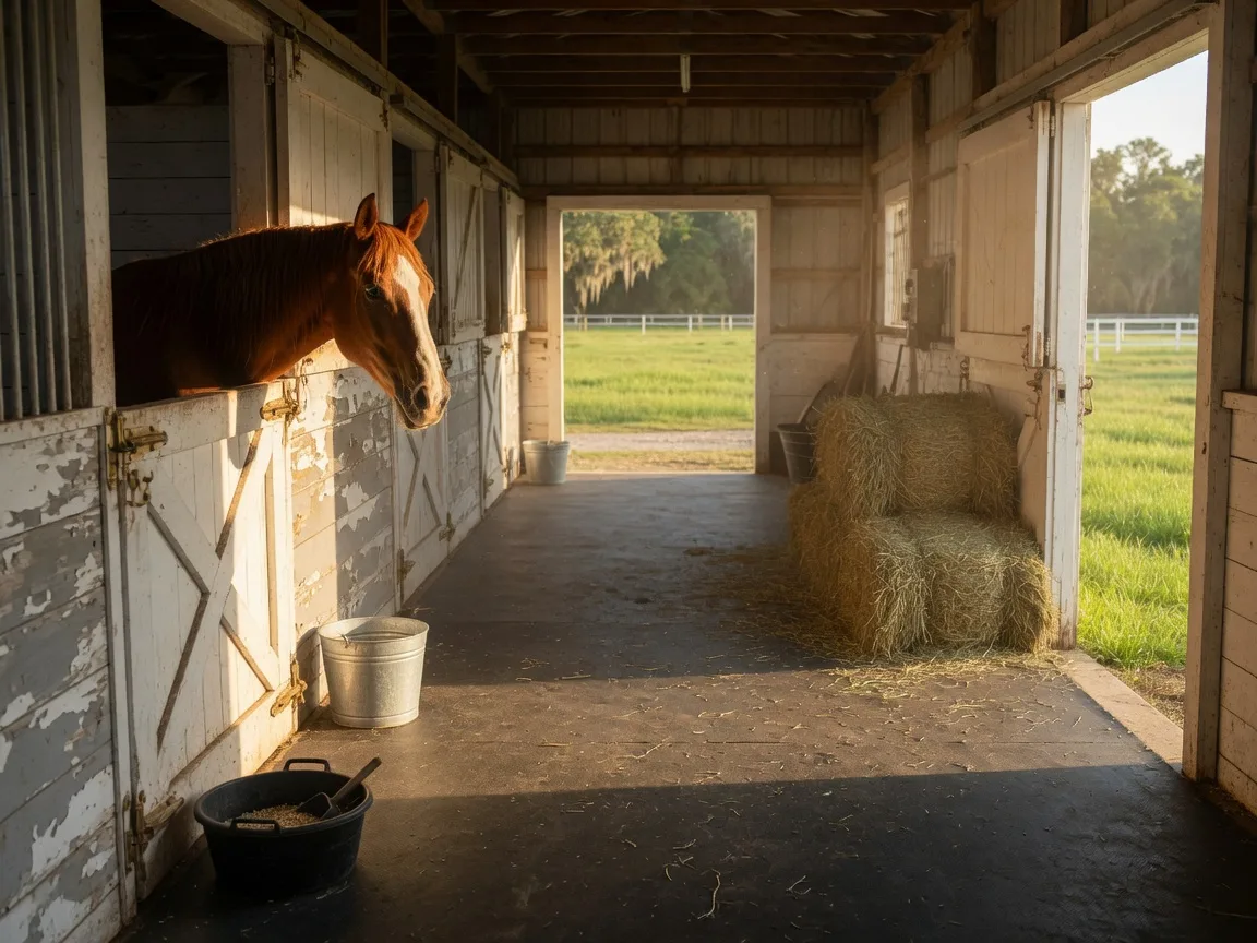 The bright center aisle of a Southern horse barn with rubber matting and hay bales, morning light through an open Dutch door, and a chestnut horse looking out of its stall