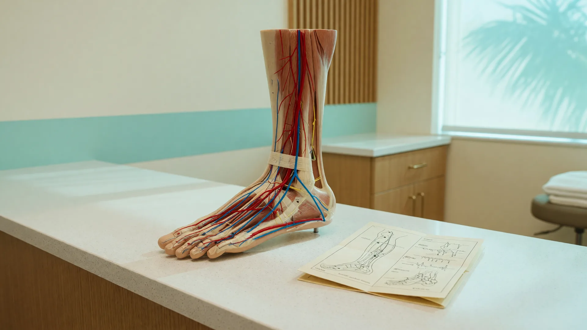 An anatomical model of a foot and lower leg with visible nerve pathways on a white counter in a bright Honolulu consultation room