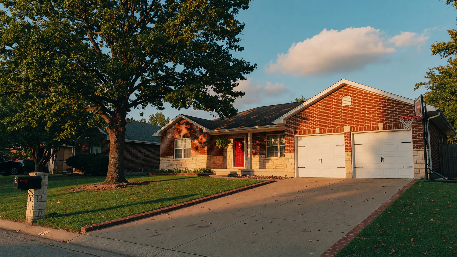 Warm golden-hour view of a brick and stone ranch home in a Tulsa Metro suburb with a tidy lawn and mature oak tree