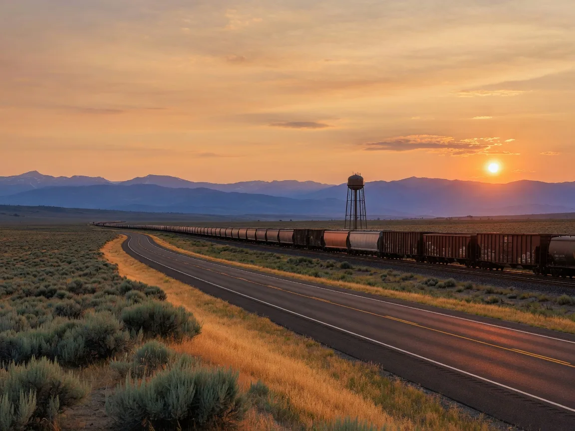 A two-lane Idaho highway curving through sagebrush toward distant mountains at golden hour