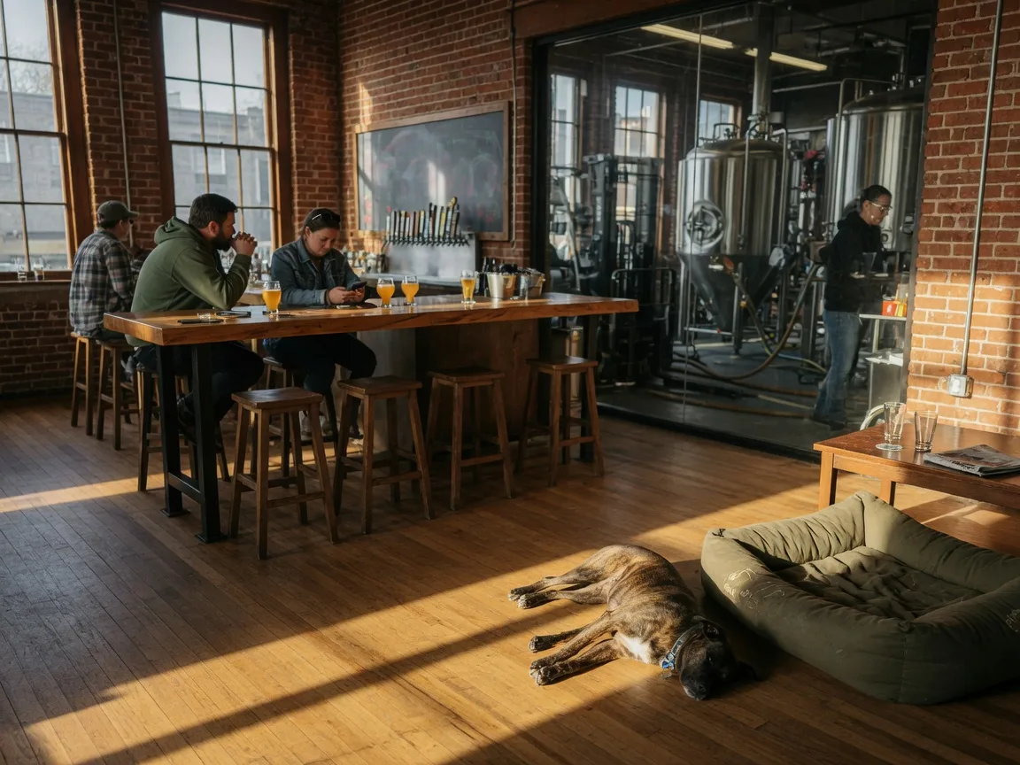 A modern craft brewery taproom in Northern Virginia with a wide wooden bar, exposed brick, and a dog relaxing on a bed in the corner
