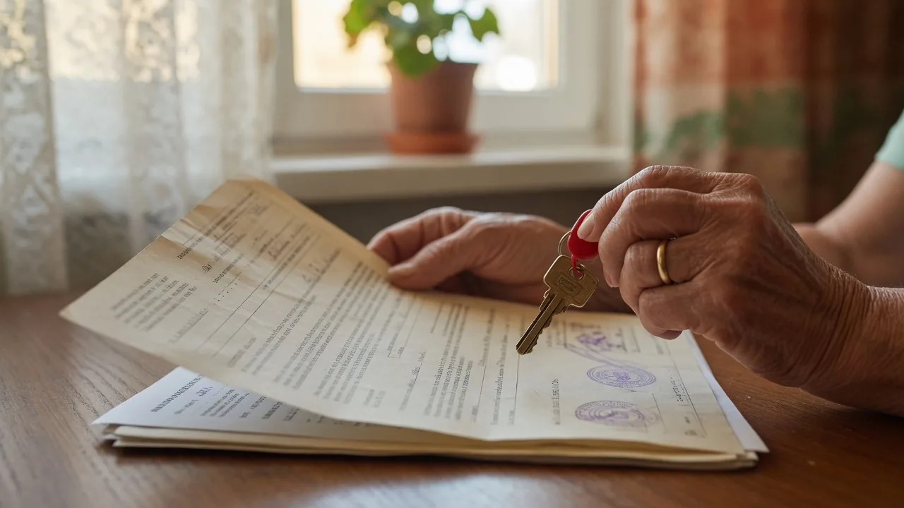 Elderly hands holding a house key and property deed