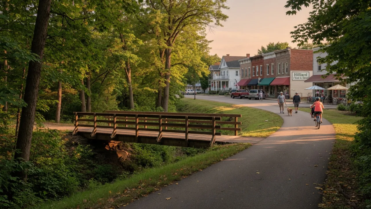 Heritage Rail Trail in Hilliard Ohio with tree-lined path, wooden bridge, and cyclists at golden hour