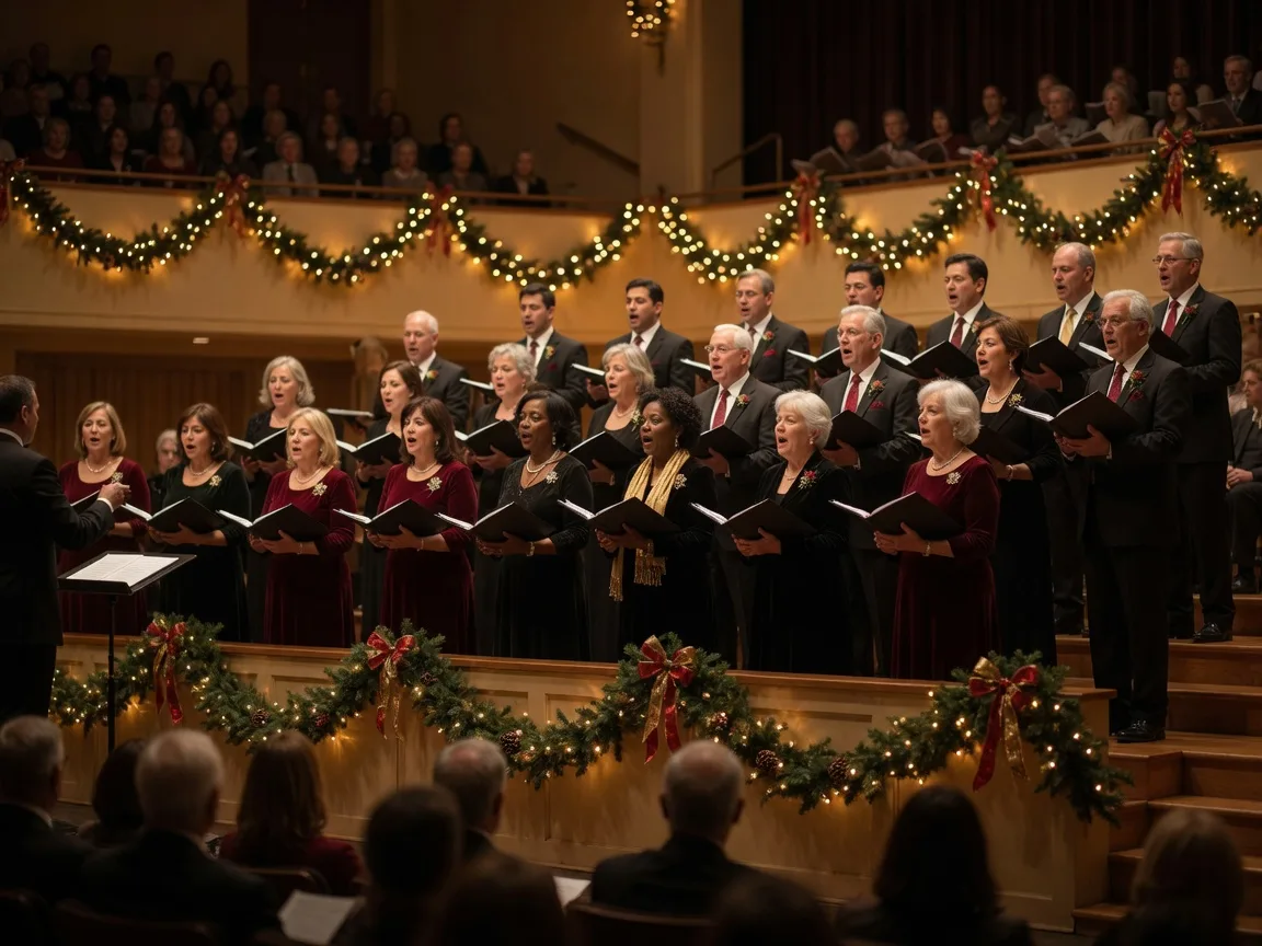 A community choir in formal attire performing holiday music on stage with evergreen garlands and twinkling lights