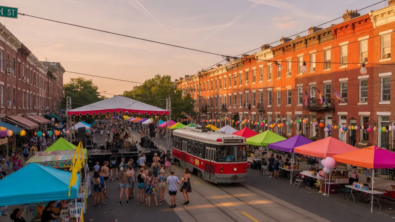 The H Street NE corridor in Washington, DC during the H Street Festival: a music stage under a canopy, food vendor tents, string lights between brick rowhouses, and a DC Streetcar on the tracks in warm late-afternoon light