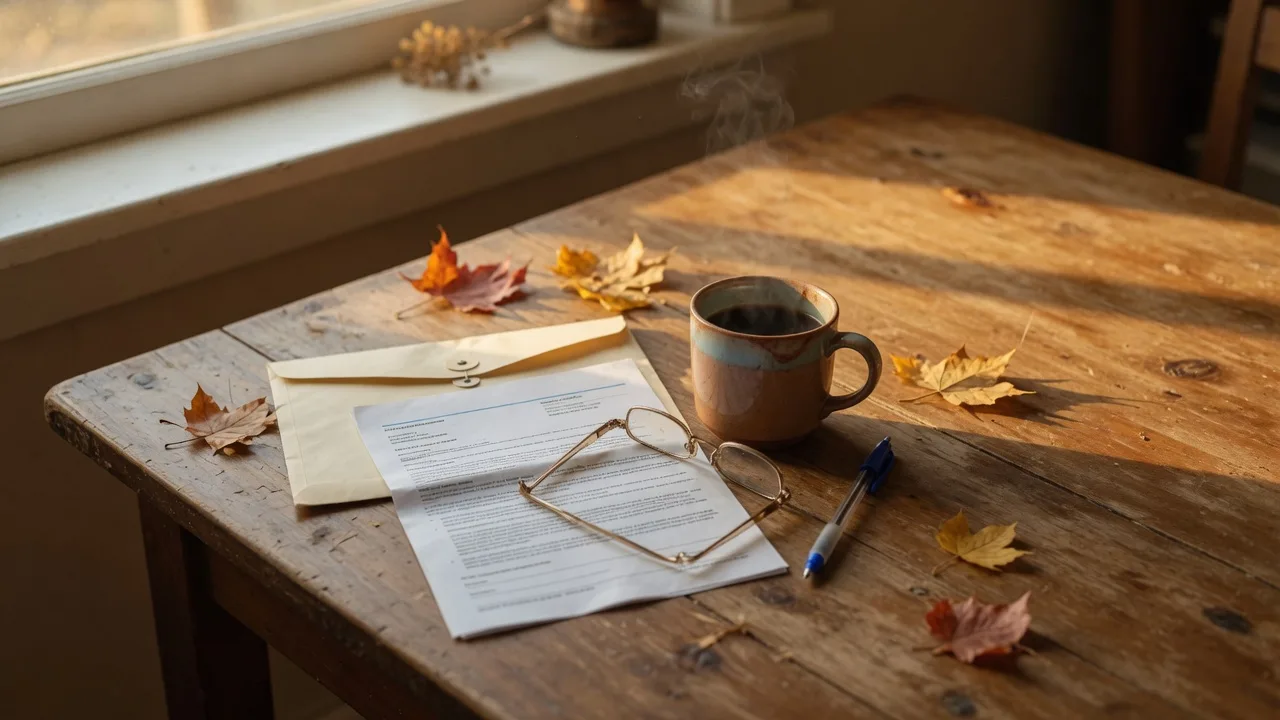 An opened property assessment notice on a wooden kitchen table with reading glasses, a coffee mug, and autumn light