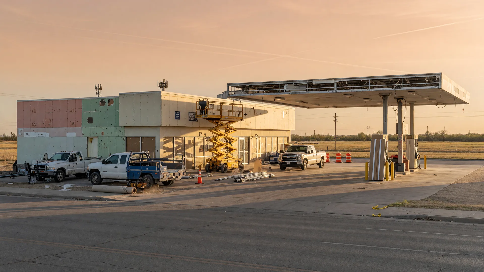 A convenience store and fuel station facade under renovation on a wide Texas commercial boulevard in golden-hour light with contractor equipment at the storefront