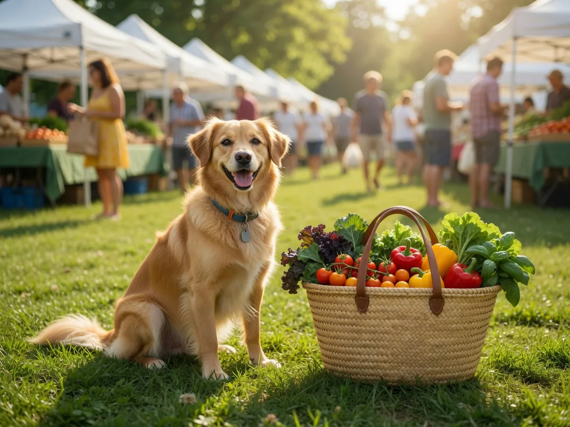 A happy golden retriever sitting beside a basket of fresh produce at a sunlit farmers market