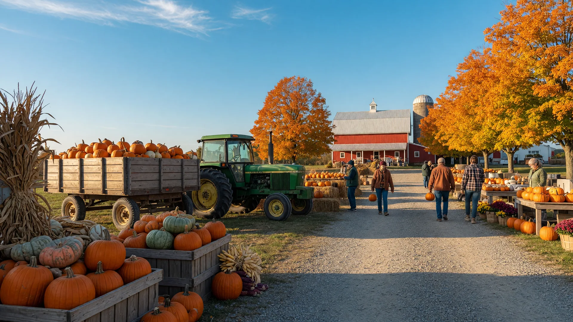 Early October fall festival scene in Northeast Ohio with a tractor-drawn hay wagon piled with pumpkins, pumpkin bins and corn stalks in the foreground, and golden maples lining a gravel lane on a crisp autumn morning