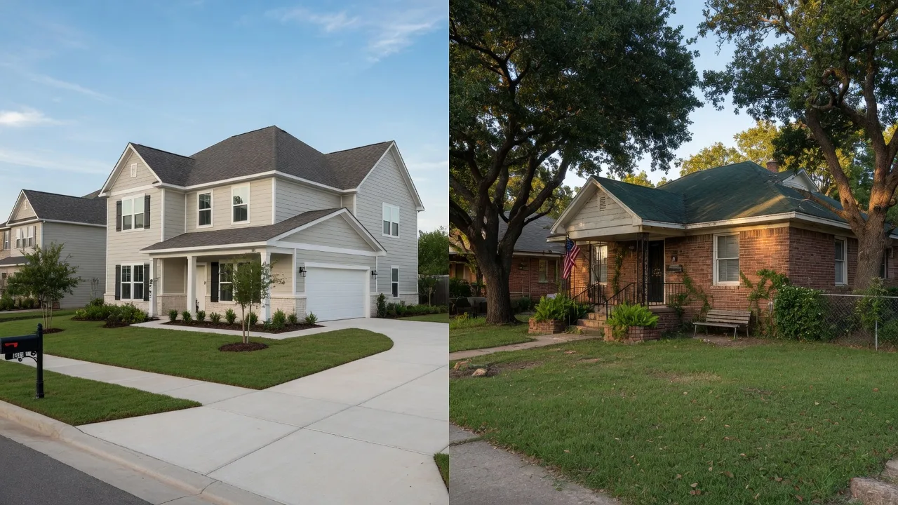 A brand-new two-story Texas home beside an established brick home shaded by live oaks