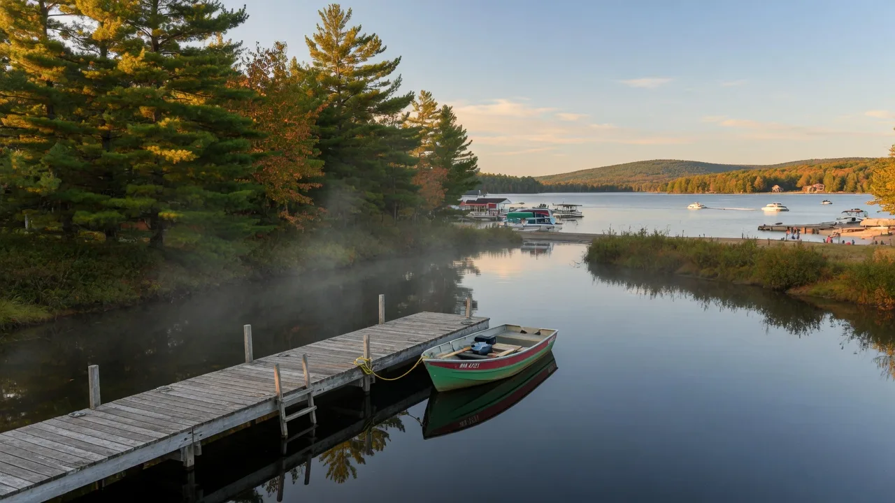 A quiet small-lake inlet with a wooden dock and fishing boat in morning mist, with broad big water visible in the distance