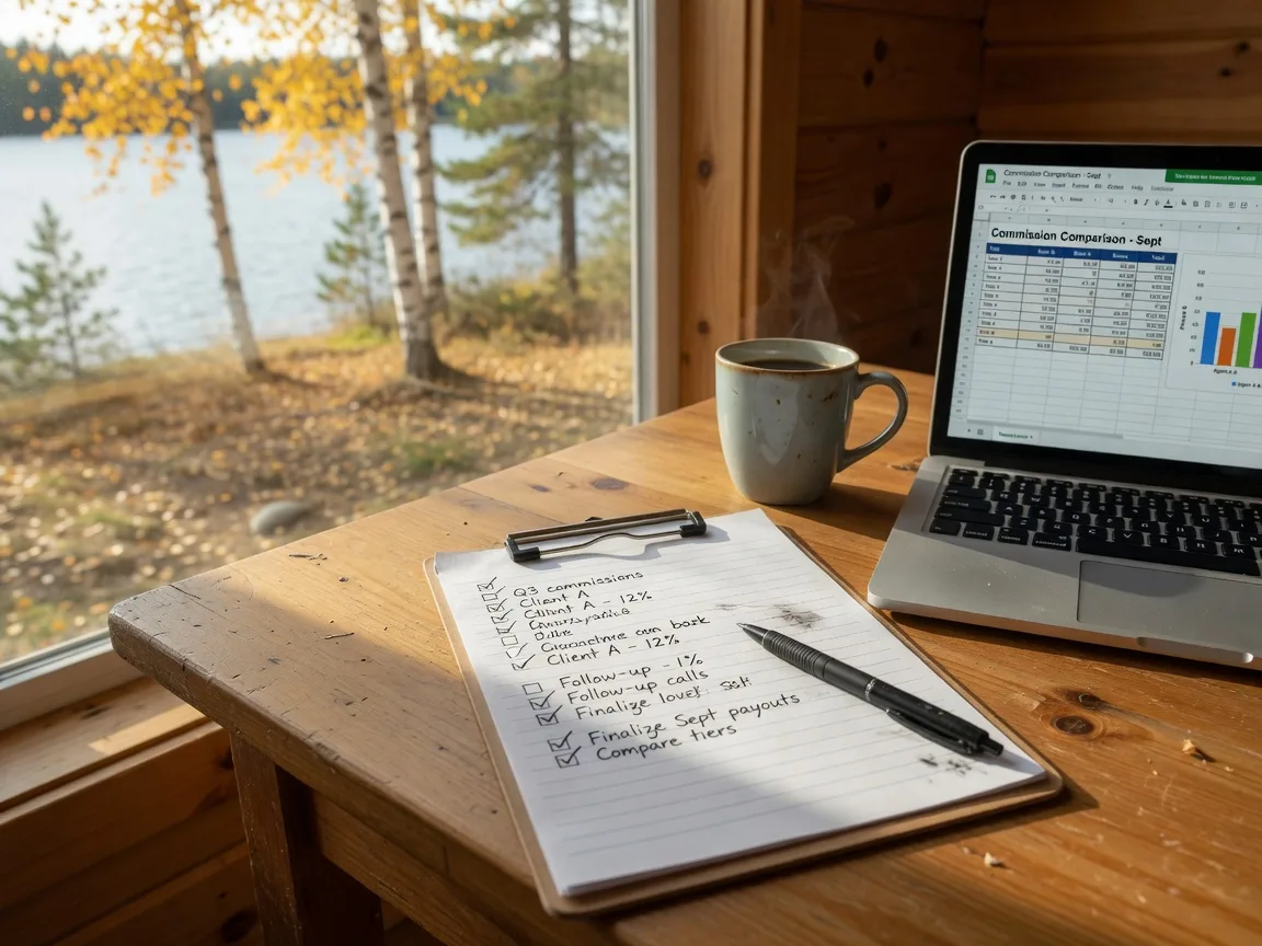 A clipboard with a handwritten checklist and a pen on a wooden desk next to a laptop showing a commission spreadsheet, coffee nearby, warm window light from a lakeside cabin