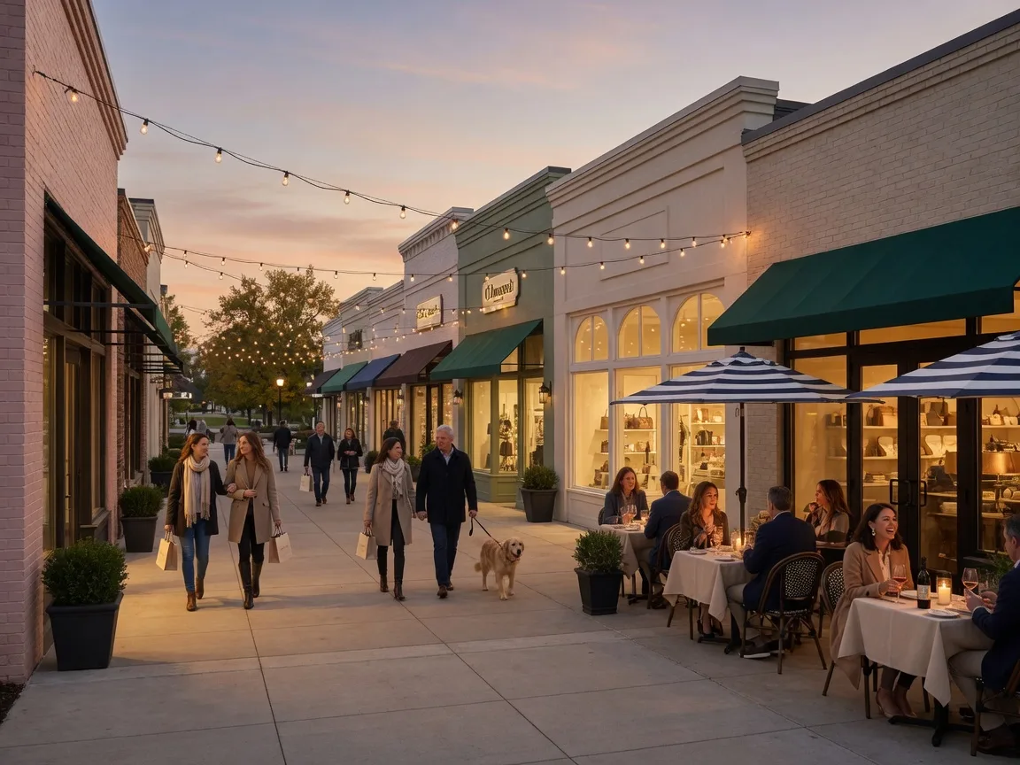 Upscale shopping and dining district in Johnson County Kansas with outdoor patios and boutique storefronts