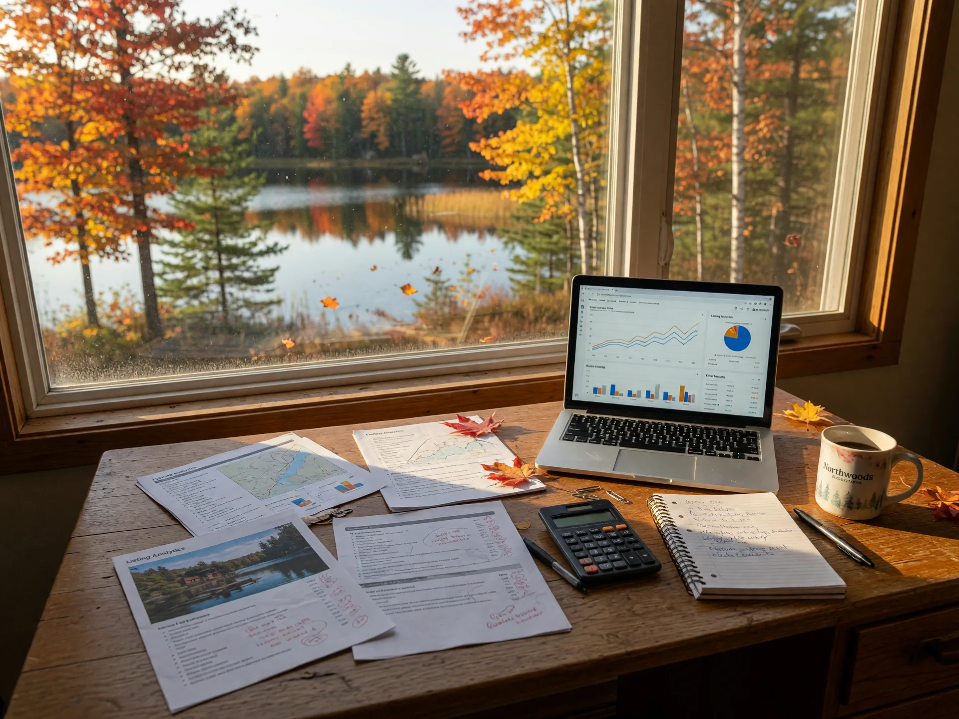 A real estate desk in northern Minnesota in mid-October with a market chart on a laptop, printed lake-property listing sheets, a calculator, and a coffee mug in warm autumn light